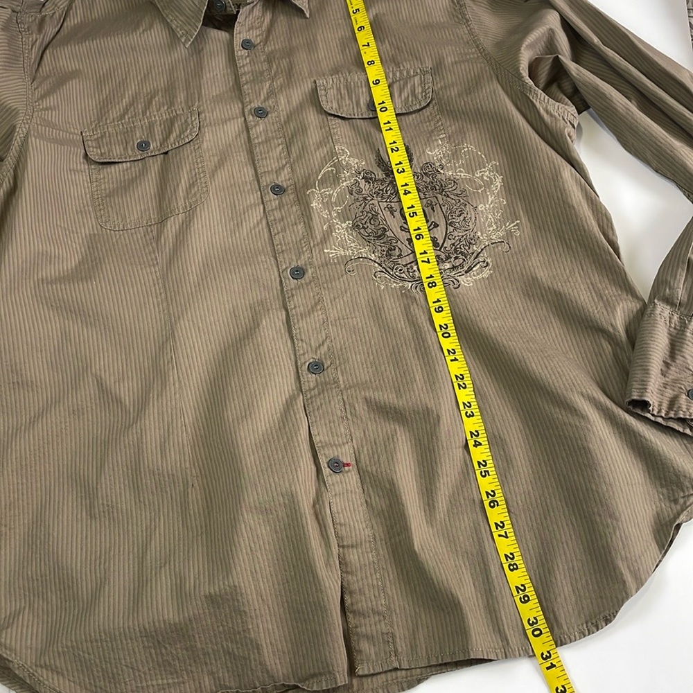 VTG GUESS Y2K Men’s Button Down Shirt Skull Graphics Print Size XXL Tan Stripes - Picture 14 of 16